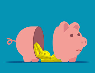 Separated piggy bank. Broken piggy bank concept. Flat cartoon vector style