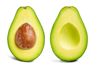 Avocado isolated on white background. Avocado fruit clipping path. Avocado half macro studio photo
