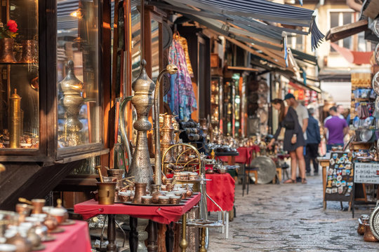 Tradigional girf shops in historical center of Sarajevo, Bascarsija.