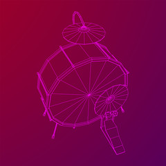 Musical instruments set. Rock band drum kit. Percussion musical instrument drums and cymbal. Wireframe low poly mesh vector illustration.