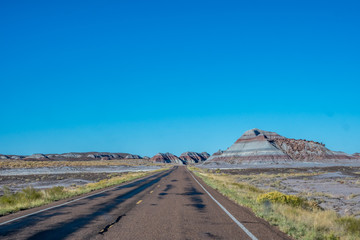 Fototapeta na wymiar A long way down the road of Petrified Forest National Park, Arizona