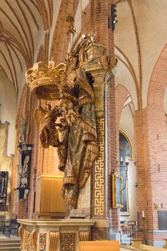 Stockholm, Sweden - April 21 2019: the view of interior of Saint Nicholas Church or Storkyrkan on April 21 2019 in Stockholm Sweden.