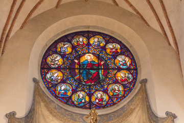 Stockholm, Sweden - April 21 2019: the view of stained glass in Saint Nicholas Church or Storkyrkan on April 21 2019 in Stockholm Sweden.