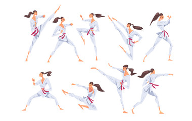 Girl Doing Karate in Various Poses Set, Female Fighter Character in White Kimono Practicing Traditional Japan Martial Art Cartoon Style Vector Illustration