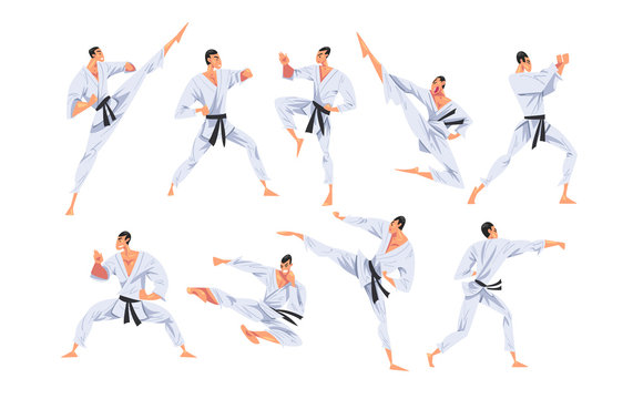 Man Doing Karate in Various Poses Set, Male Fighter Character in White Kimono Practicing Traditional Japan Martial Art Cartoon Style Vector Illustration