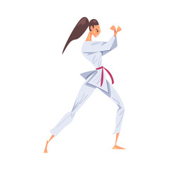 Fototapeta na wymiar Girl Karate Fighter Character Practicing Traditional Japan Martial Art Cartoon Style Vector Illustration