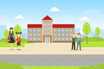 Fototapeta na wymiar School Building and Front Yard with Cheerful Students and Parent, Back to School Concept Cartoon Vector Illustration