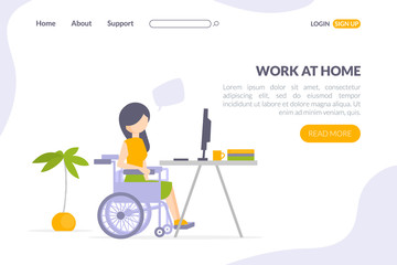 Work at Home Landing Page Template, Disabled Man Sitting in Wheelchair Working on Laptop Computer at Home Cartoon Vector Illustration