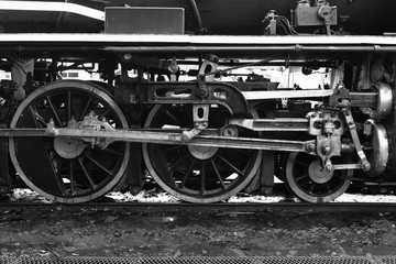 The train wheel of the Steam locomotive Back and  White Tone