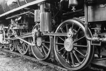 Fototapeta na wymiar The train wheel of the Steam locomotive Back and White Tone