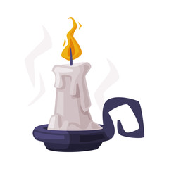 Burning Candle in Candlestick, Occult Magic Object for Mystic Ritual Cartoon Style Vector Illustration
