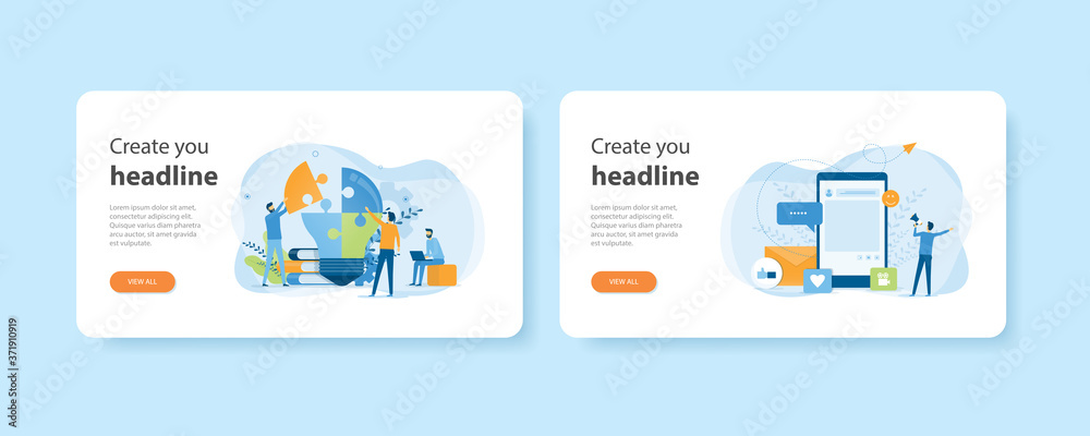 Aufkleber flat design web landing home page templates of business creative process and team meeting and social