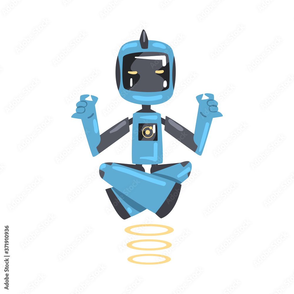 Wall mural Friendly Robot Meditating Flying over Floor, Cute Personal Robotic Assistant Character, Artificial Intelligence Concept Cartoon Style Vector Illustration