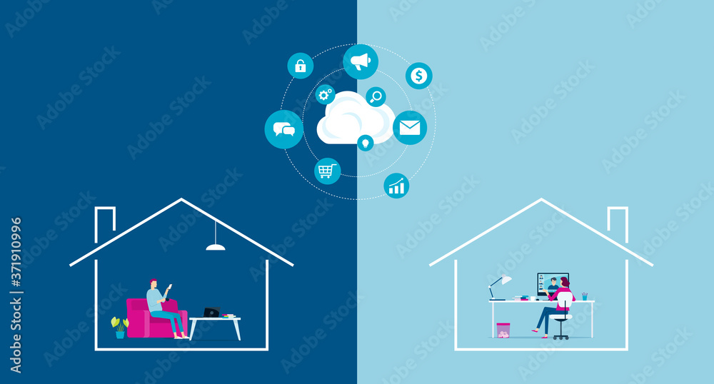 Leinwandbilder flat vector work from home workplace concept and business smart working online connect with cloud computing server concept