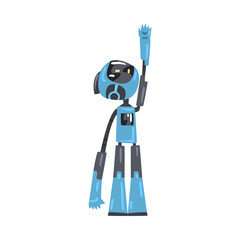 Friendly Robot Looking Up Raising its Hand, Cute Personal Robotic Assistant Character, Artificial Intelligence Concept Cartoon Style Vector Illustration