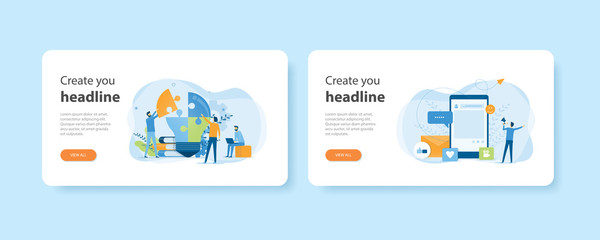 flat design web landing home page templates of business creative process and team meeting and Social media online marketing with mobile application concept