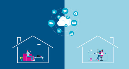 flat vector work from home workplace concept and business smart working online connect with cloud computing server concept