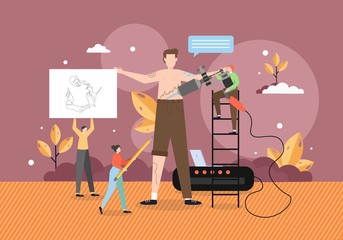 Tattooing art. Professional tattoo artist making tattoo with machine and inks, vector flat illustration