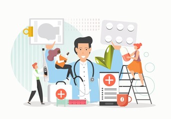 Medical checkup, online doctor consultation, vector flat illustration