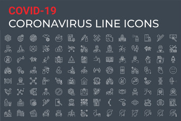 Coronavirus COVID-19 pandemic respiratory pneumonia disease related vector line icons set. Included icons symptoms, transmission, prevention, treatment, virus, outbreak, contagious infection 2019-nCoV
