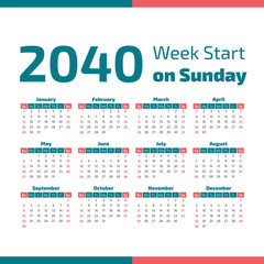 2040 Calendar with the weeks start on Sunday