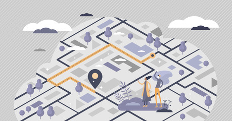 Tracking GPS location in map with navigation position tiny persons concept