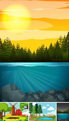 Four different scenes in nature setting cartoon style