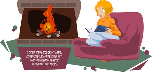 Girl is reading book near fireplace. Funny people.