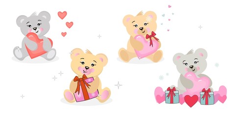 Set of cute gift cartoon teddy bears.
Vector isolated on white background.
