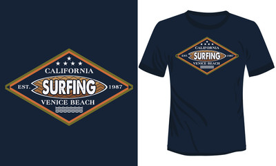 Tropical California beach surfing vector vintage t-shirt illustration, California Venice beach t-shirt design