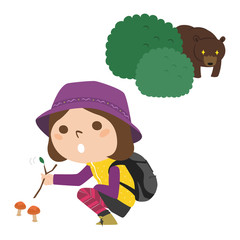 山を散策中 野生の熊に遭遇しそうになっている男性のイラスト Wall Mural Yukimco