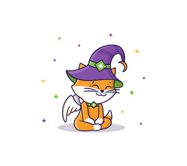 The Cute baby cat an angel sitting in hat at night. Vector Halloween illustration kitty