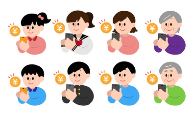 	コインとスマホを持つ人物セット