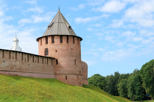 View to fedorov tower of the Velikiy (Great) Novgorod citadel (kremlin, detinets) in Russia under blue summer sky in the morning 