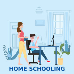 Home Schooling Online boy studying with computer and mother