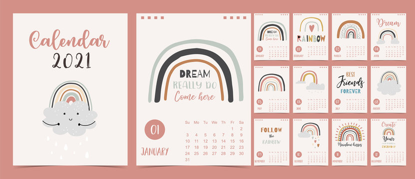 Cute pastel calendar 2021 with rainbow,rain,cloud for children, kid, baby