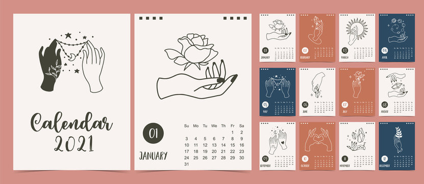 Cute boho calendar 2021 with hand,flower for printable,postcard,poster