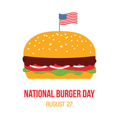 National Burger Day vector card, illustration of cartoon style burger with american flag on top.
