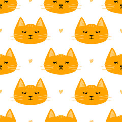 Cute ginger, orange cats and hearts vector seamless pattern background for Ginger Cat Appreciation Day.