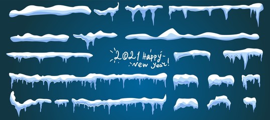 Winter background. Snow, ice cap. Snowfall and snowflakes. Winter season. Blue background. Christmas and New Year time. Icicles, set vector - obrazy, fototapety, plakaty
