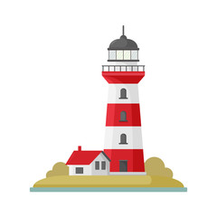 Vector cartoon flat lighthouse. Searchlight tower for maritime navigational guidance