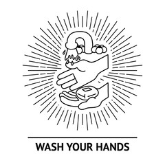 Hands washing color vector healthy covid illustration elements set. Wash your hands, hand drawn with outline in classic black and white retro style with ray and gleam