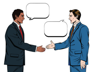 Vector color illustration of comic style. Two men in suits are shaking hands  isolated on white background. Two businessmen of different nationalities shake hands in agreement. Office team 