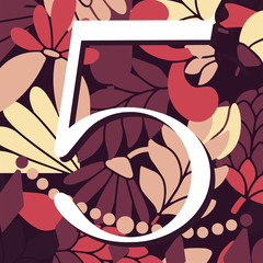 Vintage retro illustration set in modern style of the number five, pastel flowers, branches and leaves. Art Nouveau and art Deco style. Image with purple, beige, yellow and red colors