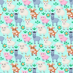 Farm animals seamless pattern. Collection of cartoon cute baby animals. pig, donkey, goat, cow. 