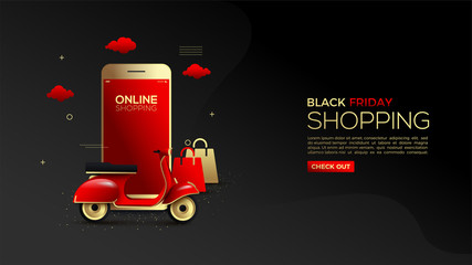 Black Friday online shopping with gold smartphones and delivery vehicles.
