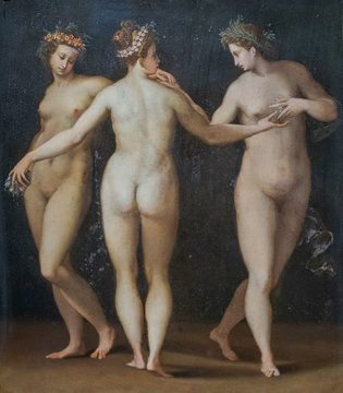 Francesco Morandini alias Poppi (1544-1597),  The three Graces, 1570 circa, oil on copper. Uffizi galleries, Florence, Italy.