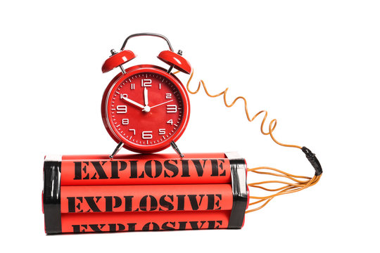 Bomb with clock timer on white background