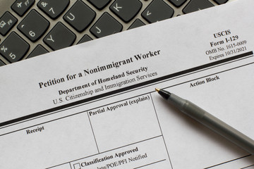 Closeup of Form I-129, Petition for a Nonimmigrant Worker, issued by U.S. Citizenship and...