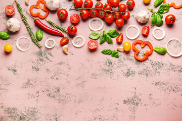 Composition with fresh cherry tomatoes, herbs and spices on color background